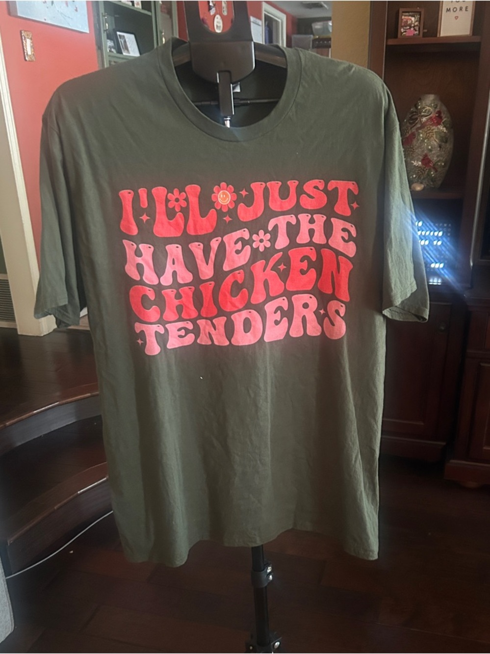 Port and Company Olive Green Short Sleeve Tee with Pink Slogan